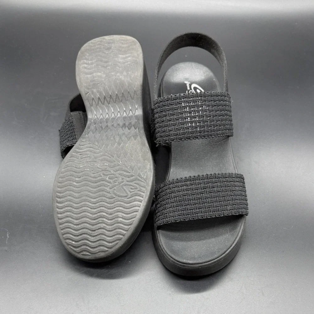 Skechers Cali Luxe Foam Black Wedge Sandals Women‎ Size 8 Elastic Straps